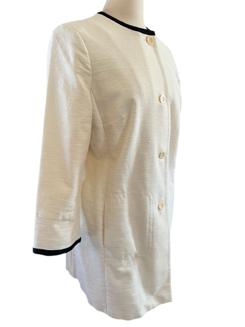 Talbots collarless textured Ivory Coat/Duster w/ Black Trim & pockets Size 14 - Picture 3 of 17